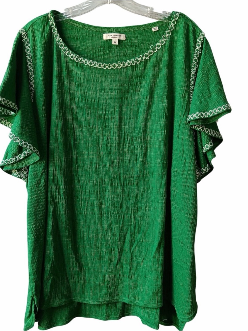 Max Studio Emerald Green Textured Flutter Sleeve Tunic with White Trim